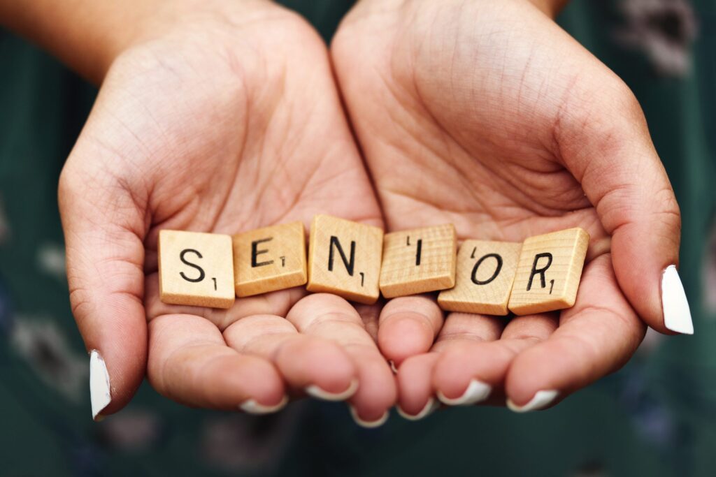 Senior spelled out with Scrabble tiles